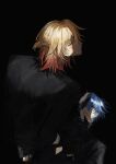  2boys alternate_costume back black_background black_shirt blue_hair braid closed_mouth from_above gradient_hair half-closed_eyes hand_in_pocket hand_on_another&#039;s_head highres honkai:_star_rail honkai_(series) looking_at_viewer m_min_tt male_focus multicolored_hair multiple_boys mydei_(honkai:_star_rail) orange_hair parted_lips phainon_(honkai:_star_rail) shirt simple_background single_braid 