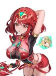 1girl absurdres aegis_sword_(xenoblade) arm_behind_head breasts chest_jewel commentary core_crystal_(xenoblade) covered_navel cowboy_shot earrings gem green_gemstone highres holding holding_sword holding_weapon impossible_clothes jewelry jyn_jyn large_breasts leaning_forward looking_at_viewer mythra_(xenoblade) parted_lips pyra_(xenoblade) red_eyes red_hair red_shorts short_hair short_shorts shorts simple_background solo spoken_character sword tiara weapon white_background xenoblade_chronicles_(series) xenoblade_chronicles_2 