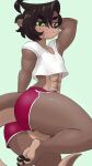 2025 3_toes abs ahoge anthro big_butt black_claws black_hair black_nose black_pawpads bottomwear brown_body brown_fur butt claws clothing feet femboy fur green_eyes hair half-closed_eyes hand_on_head hi_res hotpants looking_at_viewer male mammal midriff mr-shin muscular muscular_anthro muscular_male mustelid narrowed_eyes otter pawpads pose pupils river_otter shin_(mr-shin) shirt shorts solo t-shirt tail tan_body tan_fur thick_tail thick_thighs toe_claws toes topwear white_clothing white_shirt white_topwear