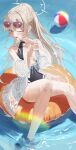  1girl absurdres bare_legs bare_shoulders black_one-piece_swimsuit blonde_hair blue_archive blush breasts cleavage eyewear_on_head hair_between_eyes halo highleg highleg_one-piece_swimsuit highres ikou_(18_ikou) long_hair looking_at_viewer nagisa_(blue_archive) nagisa_(swimsuit)_(blue_archive) ocean one-piece_swimsuit one_eye_closed open_mouth ponytail purple-tinted_eyewear shirt solo sunglasses swim_ring swimsuit tinted_eyewear white_halo white_shirt yellow_eyes 