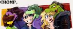 2024 2025 absurd_res animal_head animal_humanoid anthro bald baryonyx big_breasts blonde_hair blue_eyes breasts brown_hair cavemanon_studios clothed clothing deltarune digital_drawing_(artwork) digital_media_(artwork) dinosaur dorohedoro eyewear female for_a_head green_body green_hair green_scales group hair hair_over_eyes hi_res human humanoid i_wani_hug_that_gator inco_(iwhtg) kaiman_(dorohedoro) kris_(deltarune) lizard male male/female mammal muscular muscular_male nikaido_(dorohedoro) olivia_halford open_mouth prehistoric_species purple_body reptile scales scalie short_hair simple_background smile snout spinosaurid sunglasses susie_(deltarune) teeth text theropod tongue topwear undertale_(series) unlimited-edge yellow_sclera