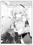  1boy 1girl anaxa_(honkai:_star_rail) back beret black_jacket dress greyscale hat highres holding honkai:_star_rail honkai_(series) hyacine_(honkai:_star_rail) jacket long_hair long_sleeves medium_hair monochrome parted_lips puffy_long_sleeves puffy_sleeves sitting translation_request twintails twitter_username uwasewau v-shaped_eyebrows 