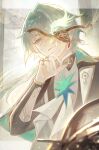  1boy absurdres anaxa_(honkai:_star_rail) aqua_hair black_jacket blue_eyes closed_mouth eyepatch hair_over_one_eye hand_up highres honkai:_star_rail honkai_(series) jacket jewelry male_focus medium_hair multiple_rings one_eye_covered pink_pupils ring roscoe_(onyx_black89) smile solo unworn_eyepatch upper_body 