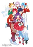  1girl 5boys ;d absurdres alcohol animal_ears antlers black_hair black_shoes blonde_hair blue_eyes blue_hair blue_pantyhose brown_eyes brown_pants champagne champagne_flute chano_hinano closed_mouth commentary_request copyright_request cup deer_ears dress drinking_glass elbow_gloves fake_animal_ears fake_antlers fur-trimmed_headwear fur_trim gloves green_jacket green_shirt green_socks grey_eyes hair_between_eyes hair_bun hat highres holding horns jacket jacket_over_shoulder loafers long_hair mini_hat mini_santa_hat multiple_boys official_art one_eye_closed pants pantyhose party_popper pleated_dress purple_eyes purple_hair red_dress red_eyes red_hair red_hat red_jacket red_pants red_shirt red_shoes reindeer_antlers santa_hat shirt shoes simple_background smile socks tilted_headwear unmoving_pattern unworn_jacket very_long_hair white_background white_gloves white_jacket white_pants white_shirt white_shoes 