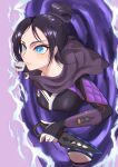  1girl absurdres apex_legends black_bodysuit black_hair black_scarf blue_eyes blush bodysuit breasts bright_pupils hair_behind_ear hair_bun highres holding holding_knife knife kunai leaning_forward medium_breasts portal_(object) potato_(ewokakupotato) purple_background scarf solo weapon white_pupils wraith&#039;s_kunai wraith_(apex_legends) 