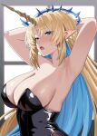  1girl absurdres armpits arms_behind_back black_leotard blonde_hair blue_eyes blue_hair blush breasts cleavage colored_inner_hair commentary crown_of_thorns earrings fleurdelys_(wuthering_waves) floating_earrings highres horns huge_breasts jewelry leotard long_hair long_horns looking_at_viewer multicolored_hair open_mouth parted_bangs pointy_ears sidelocks single_horn solo tacet_mark_(wuthering_waves) twomoon upper_body very_long_hair wuthering_waves yellow_horns 