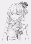  1girl apron blunt_bangs bob_cut bow cherry_blossoms closed_mouth cropped_torso flower frilled_apron frills greyscale hair_bow hair_flower hair_ornament highres japanese_clothes kimono looking_at_viewer maid monochrome rabbit_ornament reverse:1999 satsuki_(reverse:1999) short_hair smile solo upper_body wa_maid white_background youbao_pipa_banzhemian 