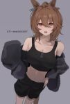  1girl absurdres agnes_tachyon_(umamusume) ahoge animal_ears bare_shoulders black_nails black_shorts black_sports_bra blush breasts brown_hair chemical_structure cleavage ear_ornament earrings fur_jacket hair_between_eyes hand_on_own_hip hand_up highres horse_ears horse_girl horse_tail jacket jewelry looking_at_viewer medium_breasts medium_hair nail_polish navel off_shoulder open_mouth purple_background purple_jacket red_eyes sei_(bigaa) shorts simple_background single_earring smile solo sports_bra tail twitter_username umamusume 