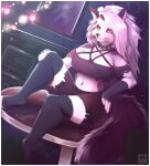  anthro canid canid_demon clothed clothing collar demon female fur hair hellhound helluva_boss hi_res long_hair looking_at_viewer loona_(helluva_boss) mammal myoniis solo spiked_collar spikes text 