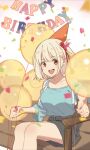  1girl balloon blonde_hair blue_shirt commentary confetti grey_shorts hair_ribbon happy_birthday hat holding holding_balloon looking_at_viewer lycoris_recoil nishikigi_chisato off-shoulder_shirt off_shoulder one_side_up open_mouth party_hat red_eyes red_ribbon ribbon shirt short_hair short_sleeves shorts solo teeth upper_teeth_only yamabukiyuki 