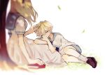  1boy 1girl ahoge blonde_hair blue_sailor_collar book brother_and_sister dress falling_leaves hairband hand_in_another&#039;s_hair highres leaf loafers long_dress long_hair mole mole_on_neck multicolored_hair nijisanji nijisanji_en outdoors sailor sailor_collar shoes short_sleeves siblings sitting sleeping sonny_brisko sukinakoto1ppai tree white_dress white_hair 