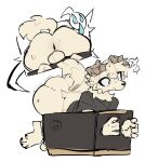 2025 4_toes 5_fingers anthro anus backsack balls black_nose bodily_fluids bottomless box butt canid canine canis clothed clothing container domestic_dog feet fingers fur genitals hair hi_res jordyn_(goobysart) male mammal mount nefmau shirt shirt_only simple_background solo sweat tail tan_body tan_fur toes topwear topwear_only tuft white_background
