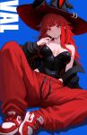  1girl absurdres animal_ears bare_shoulders black_hat black_jacket black_leotard blue_background blush breasts character_name cleavage clothes_down collarbone commentary covered_navel ear_piercing english_commentary hat hat_with_ears highres jacket large_hat leotard lollipop_in_mouth long_hair long_sleeves looking_at_viewer medium_breasts nail_polish nike_(company) original pants piercing rabbit_ears red_eyes red_hair red_nails red_pants red_shoes shoes sitting sneakers solo strapless strapless_leotard sweatpants val_(yan_kodiac) witch_hat yan_kodiac 