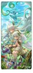  2boys 4girls absurdres animal animal_ear_fluff animal_ears black_scarf blonde_hair blue_sky book border braid branch cape cat chinese_commentary closed_eyes closed_mouth cloud commentary_request cross-shaped_pupils detached_sleeves dress falling_leaves floating flower food fox_boy fox_ears fox_tail from_above genshin_impact gold_bracer gold_choker gold_collar gold_trim gradient_hair grass green_cape green_eyes green_hair green_sleeves hair_between_eyes hair_flower hair_ornament hakama hakama_shorts halo head_out_of_frame highres hug hug_from_behind japanese_clothes leaf leaf_hair_ornament long_hair lumine_(genshin_impact) mechanical_halo multicolored_hair multiple_boys multiple_girls mushroom nahida_(genshin_impact) open_book open_mouth outdoors paimon_(genshin_impact) plant pointy_ears romper rukkhadevata_(genshin_impact) scaramouche_(genshin_impact) scarf shish_kebab short_hair_with_long_locks shorts side_ponytail sitting sky smile standing stirrup_footwear stirrup_legwear streaked_hair suisuiing symbol-shaped_pupils tail tighnari_(genshin_impact) toeless_legwear tree very_long_hair wanderer_(genshin_impact) white_border white_dress white_flower white_hair white_romper white_scarf yellow_eyes 