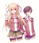  1boy 1girl aiguillette alisa_reinford black_hair blonde_hair blue_necktie breasts brown_eyes double-parted_bangs eiyuu_densetsu floating_hair hair_between_eyes hand_on_own_hip large_breasts long_hair looking_at_viewer necktie pants parted_bangs rean_schwarzer red_eyes school_uniform sen_no_kiseki_(series) sen_no_kiseki_i short_hair skirt smile sweater turtleneck turtleneck_sweater twintails upper_body user_yhmk3257 waving 