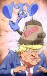 amphibian anthro blue_body blue_skin cartoon_violence comically_large_mallet comically_large_object donald_trump frog hammer hi_res hitting_another hitting_head human mammal matts_beans oversized_mallet political_cartoon politics tools