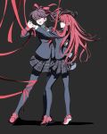  2girls black_jacket black_pantyhose black_skirt blazer blood brown_hair closed_eyes collared_shirt dancing full_body glasses grey_background hair_ribbon hatena_art highres jacket loafers long_hair looking_at_another multiple_girls pantyhose persona persona_5 persona_5_the_royal plaid_clothes plaid_skirt pleated_skirt ponytail red_hair red_ribbon red_shoes ribbon school_uniform shirt shoes siblings simple_background sisters skirt smile white_shirt yoshizawa_kasumi&#039;s_sister yoshizawa_sumire 