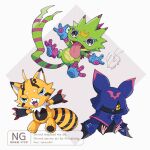  animate_object bat_(animal) blue_gloves blue_hood digimon digimon_(creature) digimon_beatbreak full_body gecko gekkomon gloves group_picture hood hood_up konagonana no_humans simple_background stuffed_toy watermark white_background 