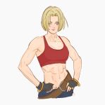  1girl abs ashley_swidowski bangs bare_shoulders belt black_gloves blonde_hair blue_mary blue_pants bob_cut bracelet breasts cleavage collarbone cowboy_shot crop_top fatal_fury fingerless_gloves gloves hands_on_hips jewelry looking_at_viewer loose_belt medium_breasts midriff muscular muscular_female navel one_eye_closed pants parted_bangs red_shirt shirt short_hair signature smile solo the_king_of_fighters white_background 