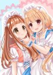  2girls :d :t apron blonde_hair blue_background blue_dress bow brown_bow brown_dress brown_eyes brown_hair closed_mouth commentary_request dress futaba_anzu hair_bow highres ichihara_nina idolmaster idolmaster_cinderella_girls idolmaster_cinderella_girls_starlight_stage long_hair looking_at_viewer low_twintails maid maid_headdress multiple_girls pink_background puffy_short_sleeves puffy_sleeves rino_cnc shirt short_sleeves smile twintails two-tone_background very_long_hair white_apron white_shirt 