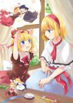  3girls alice_margatroid animal_ears apron back_bow black_dress black_hair black_shirt blonde_hair blue_dress blue_eyes blue_ribbon blush bow bowtie capelet collar commentary_request curtains doll dress fairy_wings foliage frilled_collar frills hair_ribbon hairband heart hug image_in_speech_bubble inaba_tewi indoors jewelry looking_at_another medicine_melancholy medium_hair mito_tsubaki multiple_girls multiple_views neck_ribbon pin pincushion profile puppet_rings rabbit_ears rabbit_girl rabbit_pose rabbit_tail red_bow red_bowtie red_hairband red_ribbon red_sash red_skirt ribbon ring sash shanghai_doll shirt sitting skirt smile speech_bubble star_(symbol) star_symbol_background su-san sweatdrop table tail tape thread touhou white_apron white_bow white_capelet white_collar window wings 