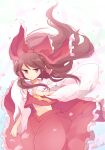  1girl ascot bow brown_hair closed_mouth collar commentary_request cowboy_shot detached_sleeves dot_mouth dress falling_petals floating_hair frilled_bow frilled_collar frilled_hair_tubes frills hair_bow hair_tubes hakurei_reimu long_hair midriff mito_tsubaki navel petals pink_background pink_petals red_bow red_dress red_eyes red_shirt sarashi shirt solo touhou white_collar white_sleeves yellow_ascot 