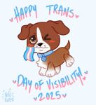 ambiguous_gender blush brown_body brown_fur canid canine canis domestic_dog english_text feral flag flag_(object) fur hasbro heart_symbol hi_res international_transgender_day_of_visibility lgbt_pride littlest_pet_shop lps_25 mammal nullkunstt pride_color_flag pride_colors solo tail text transgender_pride_colors