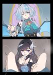  2girls :p after_cunnilingus after_fingering aroused ascot asymmetrical_bangs asymmetrical_sleeves black_hair black_shrug blue_ascot blue_eyes blue_hair blue_shirt blue_sleeves blue_wings bow bowtie breasts bright_pupils cerydra_(honkai:_star_rail) chair cleavage clothed_sex collared_shirt colored_inner_hair commentary_request crown detached_sleeves diamond-shaped_pupils diamond_(shape) drooling eclair_yuri female_pov furrowed_brow hair_behind_ear hair_intakes hair_ornament highres honkai_(series) hysilens_(honkai:_star_rail) juliet_sleeves kishimen_hair licking licking_finger long_hair long_sleeves looking_at_viewer medium_breasts mini_crown mismatched_sleeves multicolored_hair multiple_girls multiple_pov on_chair one_eye_closed pink_bow pink_bowtie pov pov_crotch puffy_sleeves purple_eyes pussy_juice pussy_juice_in_mouth pussy_juice_on_fingers saliva scales shirt shrug_(clothing) sitting spread_legs steam symbol-shaped_pupils throne tongue tongue_out tsurime twitching two-tone_hair underbust v-shaped_eyebrows white_pupils wing_collar wings yuri 