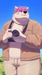  2025 4_fingers absurd_res ambiguous_gender anthro bear black_nose blush camera clear_sky clothed clothed_anthro clothing collared_shirt digital_media_(artwork) digital_painting_(artwork) dress_shirt field fingers flower fully_clothed fully_clothed_anthro hair hi_res holding_object kumamikan mammal neck_tuft painting_(artwork) pink_hair plant pointy_ears shaded shirt sky soft_shading solo topwear tuft 