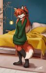  anthro canid canine clothed clothing detailed_background dragonfu female fox fur hi_res mammal solo standing sweater text topwear 