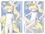  1girl above-cleavage_cutout absurdres animal_ears artur_link asymmetrical_bangs bare_legs barefoot blonde_hair blue_archive breasts casual_one-piece_swimsuit clothing_cutout covered_navel extra_ears fox_ears fox_girl fox_tail hair_over_one_eye halo highleg highleg_one-piece_swimsuit highres jacket jacket_partially_removed long_hair looking_at_viewer looking_over_eyewear multiple_views one-piece_swimsuit one_eye_covered orange-tinted_eyewear seia_(blue_archive) seia_(swimsuit)_(blue_archive) side_ponytail sidelocks small_breasts swimsuit tail tinted_eyewear very_long_hair visor_cap white_one-piece_swimsuit yellow_jacket 