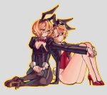  2girls alternate_costume animal_ear_hairband animal_ears black_leotard black_pantyhose black_sleeves blonde_hair bow bowtie breasts brown_shoes cleavage detached_collar detached_sleeves don_quixote_(project_moon) fake_animal_ears full_body grey_background hairband high_heels highres juliet_sleeves leotard limbus_company long_sleeves looking_to_the_side luvlain multiple_girls pantyhose playboy_bunny project_moon puffy_sleeves rabbit_ear_hairband rabbit_ears rabbit_tail red_bow red_bowtie red_eyes red_leotard red_shoes sancho_(project_moon) shoes short_hair simple_background sitting smile strapless strapless_leotard tail wrist_cuffs yellow_eyes 