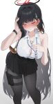  1girl absurdres alternate_costume animal_between_breasts between_breasts bird black_hair black_halo black_pantyhose black_skirt blue_archive blush bra_visible_through_clothes breasts button_gap cleavage closed_eyes collarbone commentary_request hair_ornament hairpin halo hand_on_own_chest highres holster kevinlim39 lanyard large_breasts leaning_forward long_hair mechanical_halo millennium_science_school_logo miniskirt nose_blush pantyhose pleated_skirt revision rio_(blue_archive) see-through_clothes see-through_shirt shirt simple_background skirt solo sweat thigh_holster v-shaped_eyebrows very_long_hair watch white_background white_shirt wristwatch 