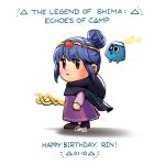  1girl artist_name black_cape blue_hair brown_shoes cape character_name chibi circlet cosplay dated dress english_commentary full_body hair_bun happy_birthday highres holding holding_staff light_frown martinwdoodles princess_zelda princess_zelda_(cosplay) purple_dress shima_rin shoes sidelocks staff standing the_legend_of_zelda the_legend_of_zelda:_echoes_of_wisdom yurucamp 