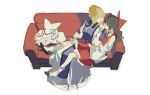  2girls animalization ascot axolotl black_hair blonde_hair blue_ascot boots bow closed_mouth couch detached_sleeves dress fox frilled_hair_tubes frills from_above hair_bow hair_tubes hakurei_reimu hakurei_reimu_(fox) hand_fan hat hat_ribbon highres holding holding_fan holding_smoking_pipe kiseru long_dress long_hair long_sleeves mob_cap multiple_girls open_mouth person_and_animalization purple_tabard red_bow red_ribbon red_shirt red_skirt ribbon shirt sidelocks simple_background sitting skirt sleeveless sleeveless_shirt smoking_pipe tabard touhou white_background white_boots white_dress white_hat white_sleeves wide_sleeves yakumo_yukari yakumo_yukari_(axolotl) yellow_eyes yuri zy_(zyyyyyyy9) 