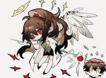  1boy 1girl :3 aislan apple ayin_(project_moon) bear_hair_ornament black_hair black_skirt brown_hair carmen_(project_moon) chibi coat collared_shirt e.g.o_(project_moon) food fruit full_body green_shirt hair_ornament halo high_ponytail holding holding_staff lab_coat library_of_ruina lobotomy_corporation long_hair long_sleeves looking_at_viewer paradise_lost_(e.g.o) ponytail project_moon red_eyes shirt simple_background single_wing skirt solo_focus staff standing white_background white_coat wings yellow_eyes yellow_halo 