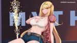  1girl azure_monarch blonde_hair blue_shorts bra breasts chest_jewel core_crystal_(xenoblade) cosplay denim denim_shorts earrings jewelry kwon_eun-bi kwon_eun-bi_(cosplay) large_breasts long_hair mythra_(xenoblade) open_clothes open_shirt panties real_life red_shirt shirt short_shorts shorts side-tie_panties solo tiara underwear white_bra white_panties white_shirt xenoblade_chronicles_(series) xenoblade_chronicles_2 yellow_eyes 