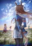  4girls absurdres advarcher animal_ears armband arms_behind_back black_pantyhose blue_hair blue_jacket blue_sky bow braid breasts brown_hair cloud dress ear_bow ear_ornament ear_ribbon el_condor_pasa_(umamusume) field flower flower_field from_behind golden_generation_(umamusume) grass grass_wonder_(umamusume) hair_ornament highres horse_ears horse_girl horse_tail jacket long_hair long_sleeves multicolored_hair multiple_girls open_clothes open_jacket outdoors pantyhose ponytail red_jacket sailor_collar seiun_sky_(umamusume) shirt short_hair short_sleeves skirt sky special_week_(umamusume) sunrise tail tail_bow tail_ornament two-tone_hair umamusume white_hair 