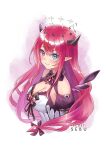  1girl asymmetrical_wings blue_eyes breasts cleavage crystal_wings detached_sleeves detached_wings double_halo dress halo heterochromia hololive hololive_english horns irys_(hololive) irys_(irys_2.0)_(hololive) jewelry long_hair looking_at_viewer medium_breasts mismatched_wings multicolored_hair pointy_ears purple_hair red_hair sebu_illust smile solo star_halo streaked_hair very_long_hair virtual_youtuber white_dress wings 