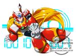  1boy armor blonde_hair blue_eyes chest_jewel forehead_jewel full_body helmet highres long_hair male_focus mega_man_(series) mega_man_x_(series) no-rishio red_armor red_helmet simple_background sitting solo watermark white_background zero_(mega_man) 
