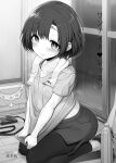  1girl blush bottle camera closed_mouth clothes_pull holding holding_clothes holding_shirt idolmaster idolmaster_cinderella_girls kirin_kakeru kneeling looking_at_viewer monochrome rain shiragiku_hotaru shirt shirt_pull shoes short_hair shorts solo towel water_drop wet wet_clothes wet_shirt 