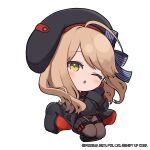  1girl ahoge belt beret black_boots black_gloves black_leotard black_skirt blush boots brown_hair chibi commentary emma_(nikke) emma_(tactical_upgrade)_(nikke) english_commentary full_body gloves goddess_of_victory:_nikke hat highres leotard long_hair long_sleeves looking_at_viewer no_nose one_eye_closed open_mouth pantyhose pleated_skirt puffy_long_sleeves puffy_sleeves showgirl_skirt skirt solo thigh_strap totatokeke 