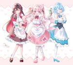  3girls absurdres ahoge animal_ears azki_(hololive) black_dress black_hair blue_dress blue_hair blush breasts cleavage closed_mouth dress elf full_body group_picture hakui_koyori heart highres holding holding_tray hololive kikuno_tsumiki large_breasts long_hair maid maid_headdress multicolored_hair multiple_girls one_eye_closed pink_dress pink_hair pointy_ears purple_eyes short_hair simple_background standing standing_on_one_leg streaked_hair tongue tongue_out tray twintails virtual_youtuber white_background white_hair wolf_ears wolf_girl yellow_eyes yukihana_lamy 