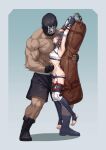  1boy 1girl black_hair black_shorts black_thighhighs boxing_gloves bra breasts buruma foaming_at_the_mouth highres medium_breasts multicolored_hair original punching purple_hair remote_control_vibrator restrained ryona sandbag sex_toy shorts sports_bra stomach_punch streaked_hair thighhighs underwear vibrator white_bra yan_(situyan0303) 