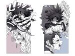  1girl 3boys bandages black_hair blood blue_eyes closed_eyes crying heterochromia holding holding_sword holding_weapon iguro_obanai injury itou_1998 kamado_tanjirou kanroji_mitsuri katana kimetsu_no_yaiba long_hair looking_at_viewer low_ponytail multiple_boys ponytail spiked_hair sword tomioka_giyuu veins weapon yellow_eyes 