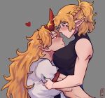  2girls blonde_hair blush braid breasts closed_mouth commentary english_commentary eye_contact green_eyes green_nails grey_background half_up_braid heart highres horns hoshiguma_yuugi hug large_breasts long_hair looking_at_another mizuhashi_parsee multiple_girls otaeriaaoba pointy_ears ponytail red_eyes red_horns shirt short_hair short_ponytail short_sleeves simple_background single_horn smile star_(symbol) touhou upper_body white_shirt yuri 
