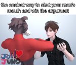 3d_(artwork) absurd_res anthro areola beastars big_breasts breasts canid canine canis clothed clothing clothing_lift digit_ring digital_media_(artwork) duo exposed_breasts female hi_res human humanoid jewelry joel_(joellovejuno) joellovejuno juno_(beastars) looking_at_breasts male mammal meme ring self_insert source_filmmaker_(artwork) text wedding_ring wide_eyed wolf
