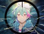  1boy animal_on_head black_hoodie blue_hair blue_hood cat commentary_request crosshair crying crying_with_eyes_open green_hair hibana_(vocaloid) hood hoodie indie_virtual_youtuber looking_at_viewer mizuryu_kei mizuryu_kei_(vtuber) multicolored_hair official_art on_head pink_hair shirt single_tear streaked_hair tears upper_body virtual_youtuber white_cat white_shirt 