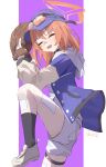  1girl :d ^_^ absurdres artist_name bandaid bandaid_on_face bandaid_on_nose baseball_cap baseball_mitt black_socks blue_archive blue_hat blue_jacket closed_eyes commentary english_commentary eyewear_on_headwear fang gauze gauze_on_leg gauze_on_thigh halo hat highres hood hoodie jacket leg_up letterman_jacket long_sleeves open_mouth orange-tinted_eyewear orange_hair orange_halo pitching purple_background rei_(blue_archive) shoes shorts signature smile socks sports_sunglasses standing standing_on_one_leg sunglasses thigh_strap tinted_eyewear white_background white_hoodie white_shoes white_shorts youqia 