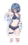  1girl absurdres adjusting_eyewear armpits bikini black_bikini blue_bikini blue_eyes blue_hair breasts collarbone commentary_request contrapposto cropped_legs cross-laced_bikini cross-laced_clothes crossed_bangs hair_between_eyes hand_up highres konno_you_(warabi_mochi_(w4rabimochi)) layered_bikini long_sleeves looking_at_viewer looking_over_eyewear mole mole_on_breast mole_on_thigh multicolored_bikini navel o-ring o-ring_top off_shoulder open_clothes open_shirt original rectangular_eyewear red-tinted_eyewear shirt short_hair sidelocks simple_background skindentation small_breasts smirk solo standing stomach sunglasses swimsuit thigh_strap tinted_eyewear tsurime wading warabi_mochi_(w4rabimochi) wet wet_clothes wet_shirt white_background white_shirt yellow-framed_eyewear 
